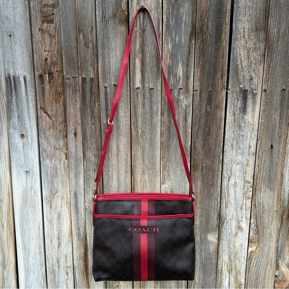 Coach Signature Varsity Stripe File Crossbody Bag Leather Canvas Red Brown